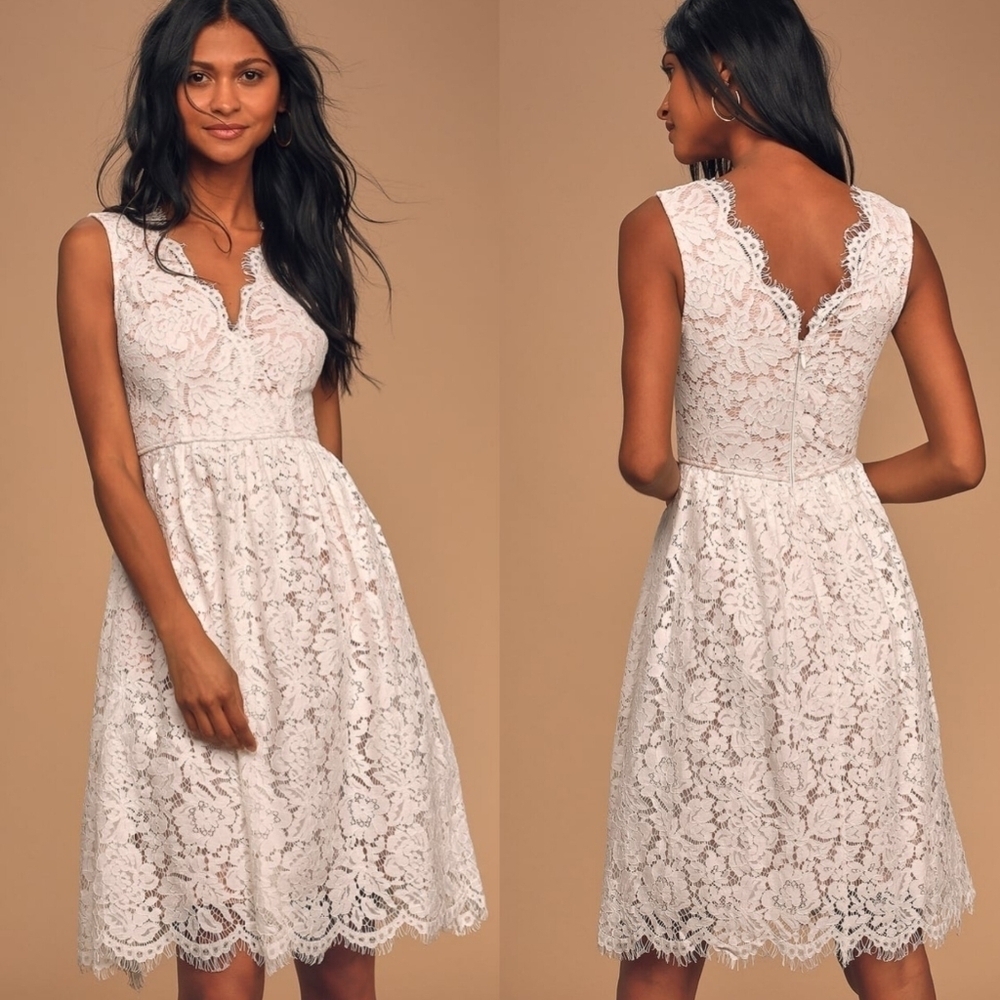 Lulus Love Swept White Lace Midi Skater Dress With Pockets S Wedding Party Bride